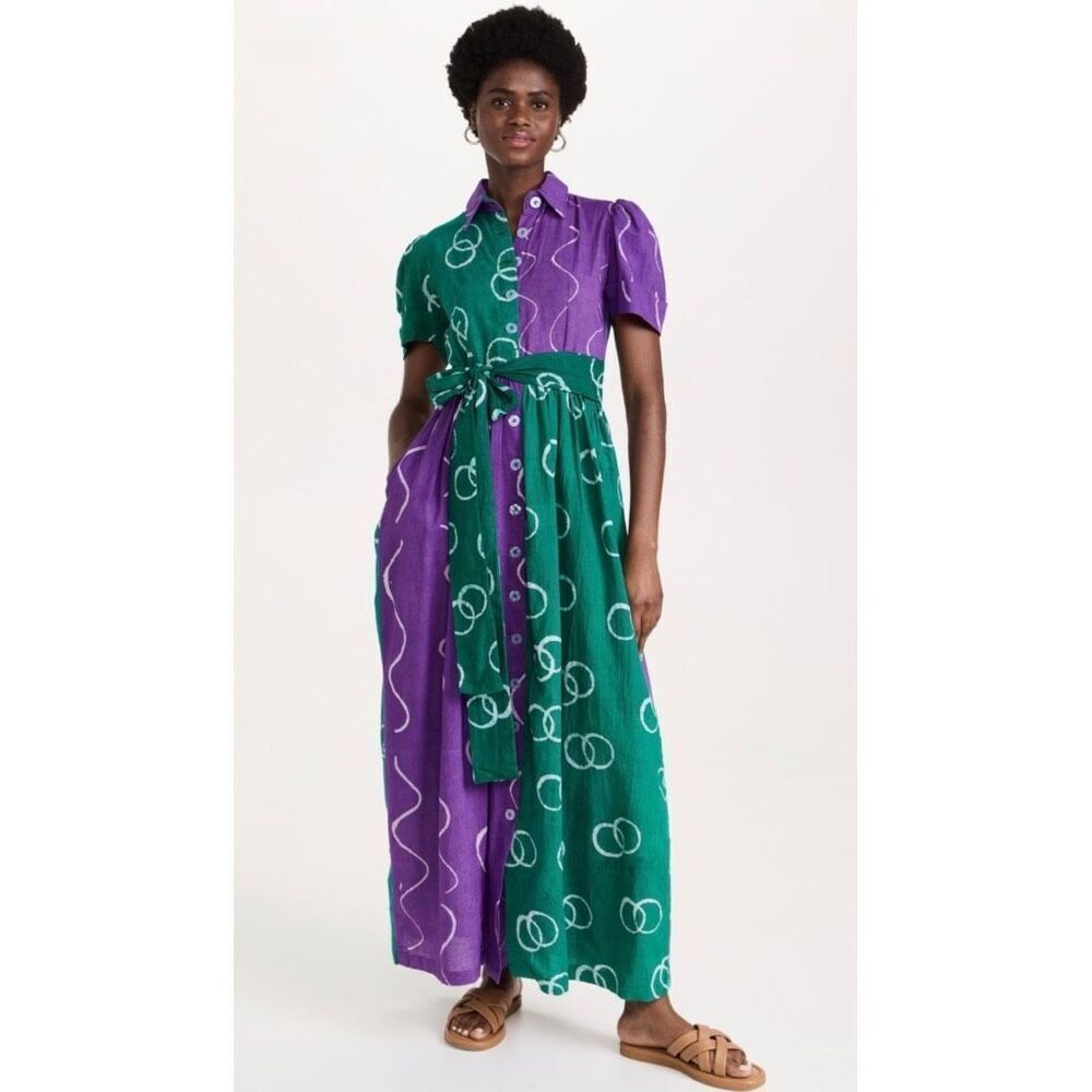 NWT Elisamama Asake Colorblock Button Down Dress Teal Purple Abstract Medium